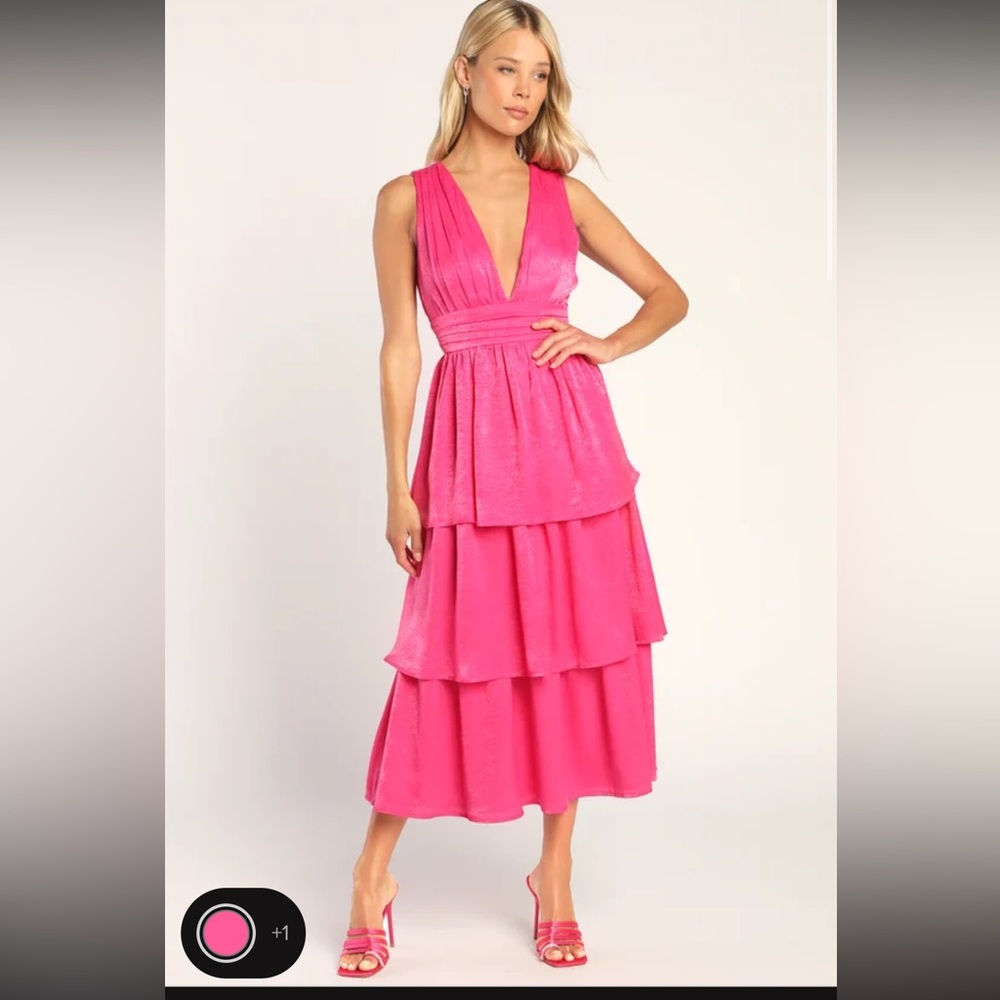 Lulus Hot Pink Satin tiered tie midi dress